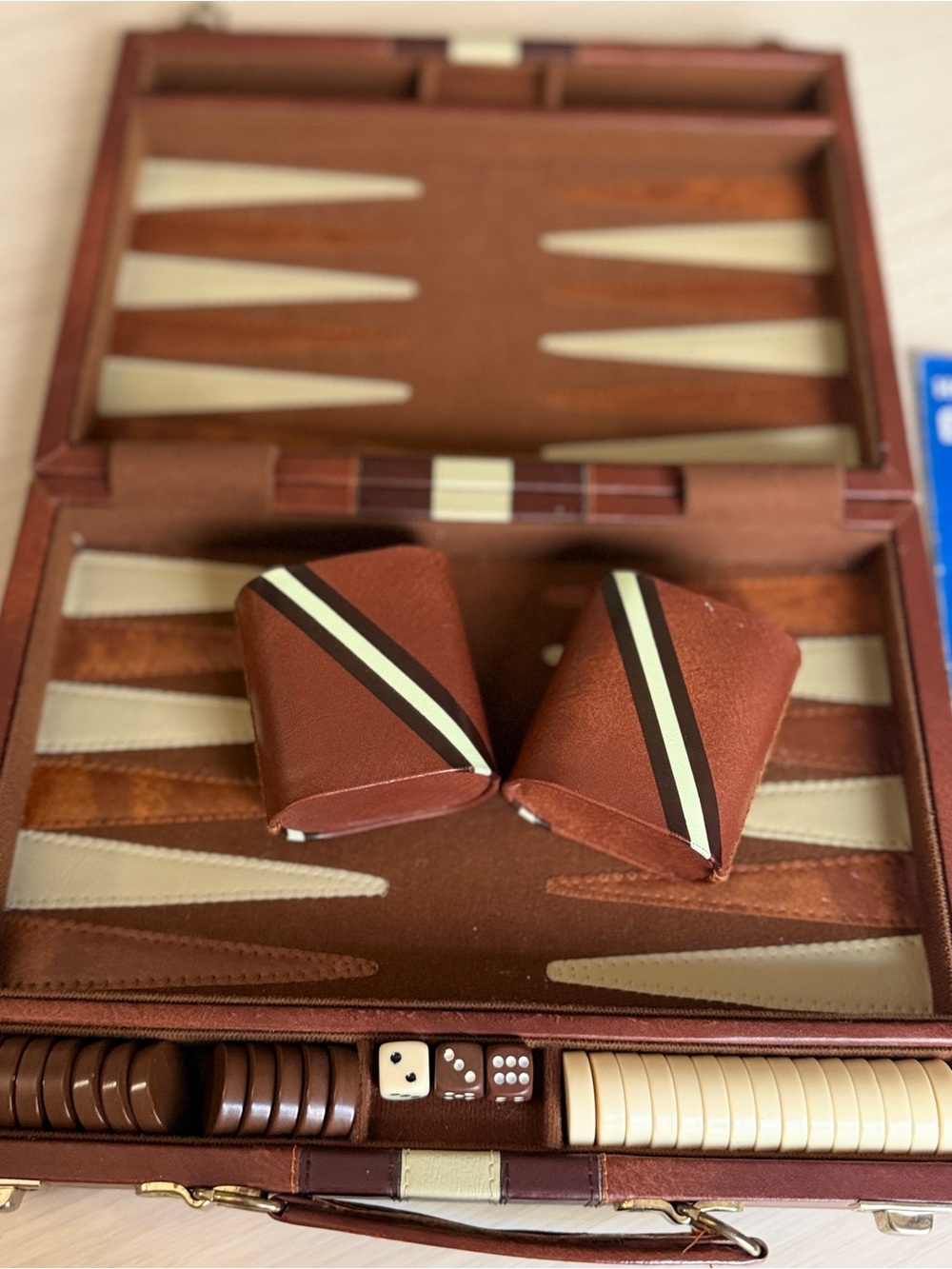 Retro Vintage Brown and Cream Backgammon Set with chips, dice and cups